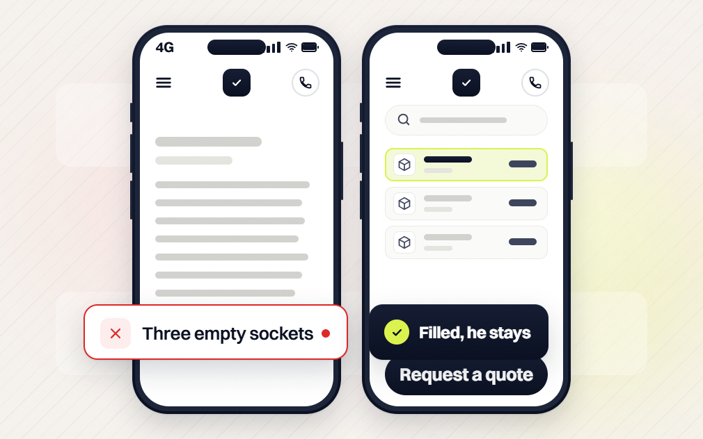 Manufacturing marketing phones comparing three empty sockets with a filled parts list and Request a quote