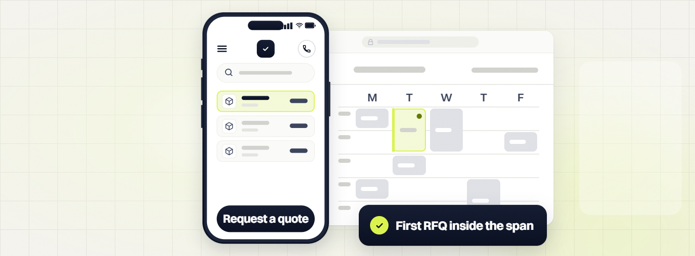 Manufacturing PPC services phone with Request a quote beside a weekday calendar, First RFQ inside the span