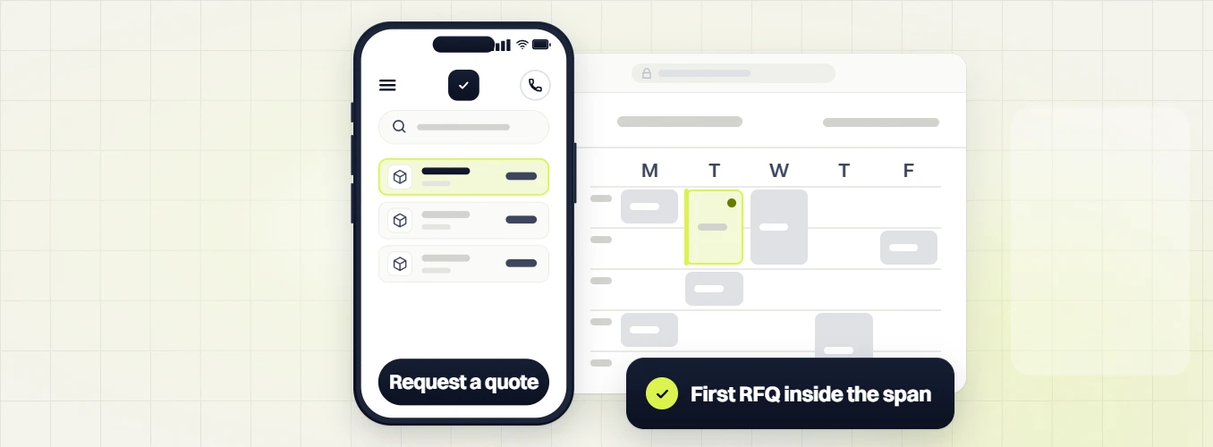 Manufacturing PPC services phone with Request a quote beside a weekday calendar, First RFQ inside the span