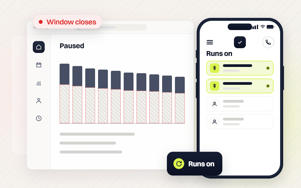 Manufacturing PPC services Paused bar chart flagged Window closes beside a phone Runs on list
