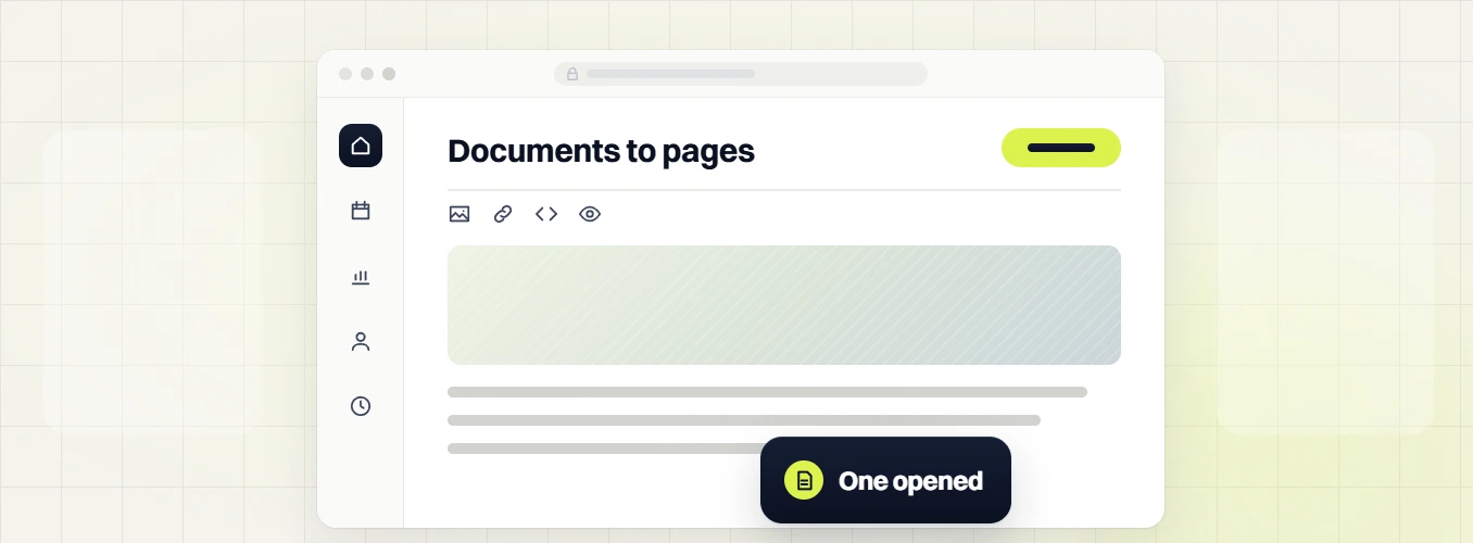 Manufacturing SEO services Documents to pages editor with an image block, text lines and a One opened badge