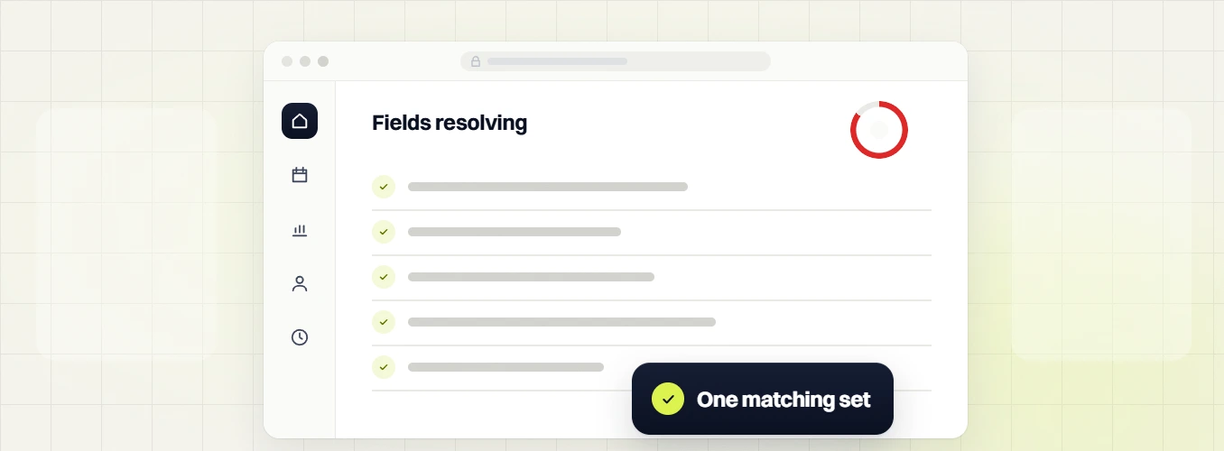 Manufacturing SEO services Fields resolving checklist with a progress ring and a One matching set badge