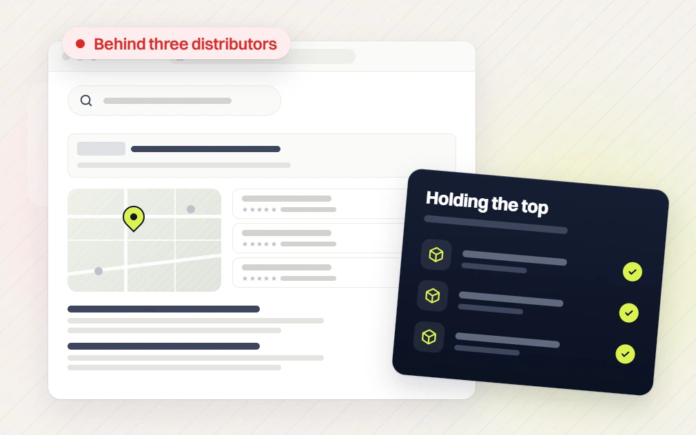 Manufacturing SEO services results page flagged Behind three distributors beside a Holding the top checklist