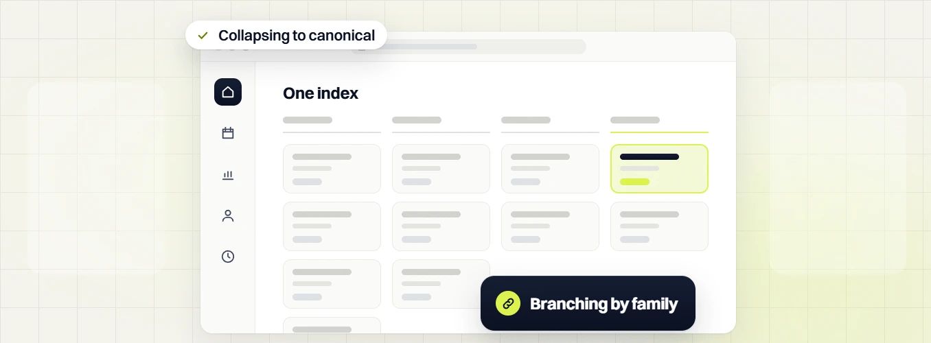 Manufacturing SEO services One index board with a highlighted card, Branching by family and Collapsing to canonical