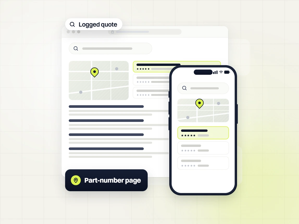 Manufacturing SEO services search results with a map pin on desktop and phone, Part-number page and Logged quote