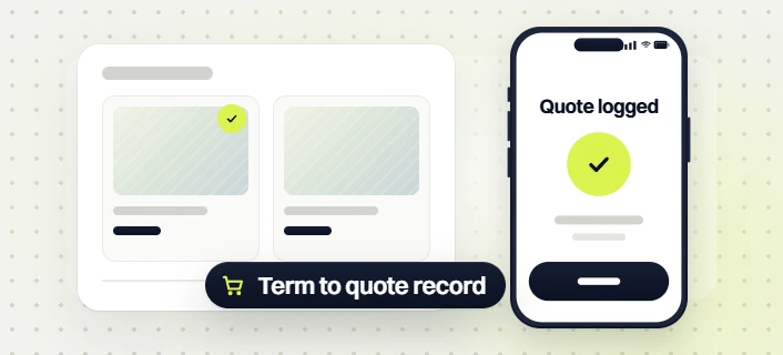 Manufacturing SEO services page cards beside a phone Quote logged screen and a Term to quote record badge