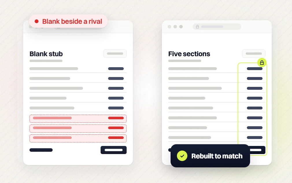 Manufacturing SEO services Blank stub sheet flagged Blank beside a rival and a Five sections sheet, Rebuilt to match