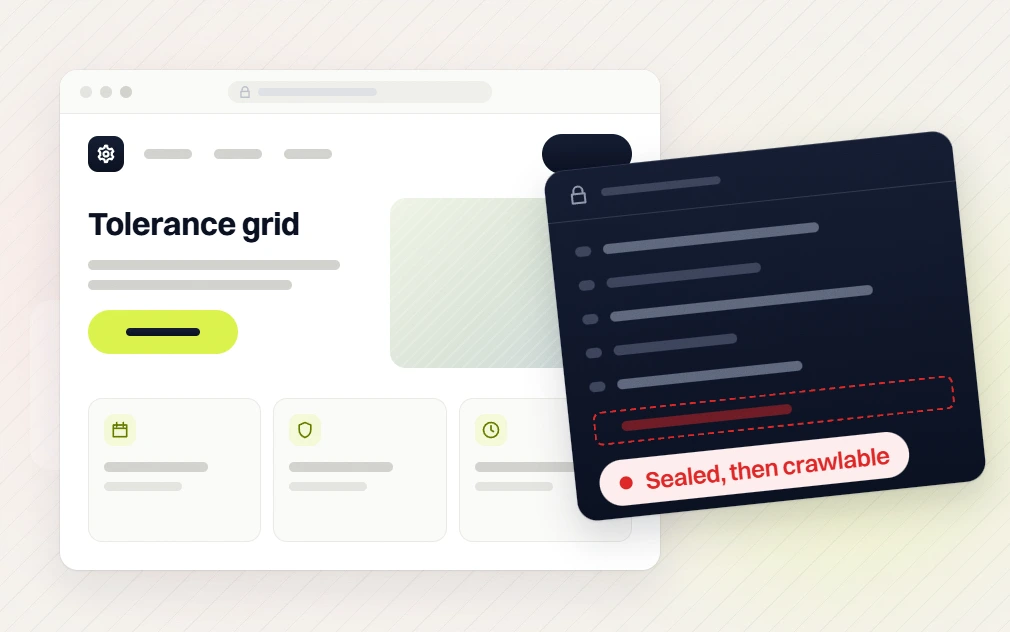 Manufacturing SEO services Tolerance grid page with a locked code panel marked Sealed, then crawlable