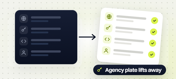 Manufacturing website design domain, key, code and user items turning into a checked list, Agency plate lifts away