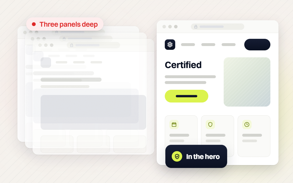 Manufacturing website design faded pages flagged Three panels deep beside a Certified page, In the hero