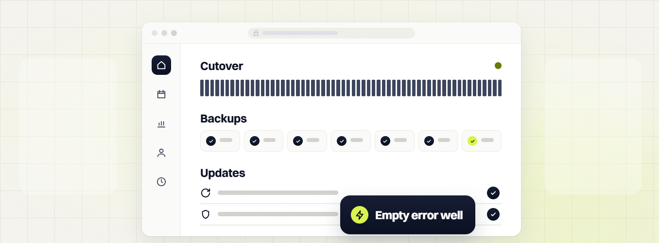 Manufacturing website design Cutover, Backups and Updates dashboard with an Empty error well badge