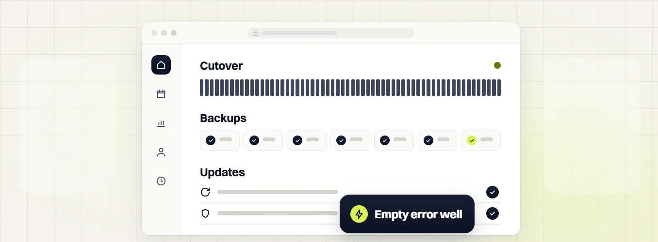 Manufacturing website design Cutover, Backups and Updates dashboard with an Empty error well badge