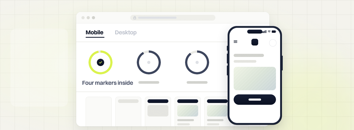 Manufacturing website design Mobile and Desktop score dashboard with a checked ring, Four markers inside