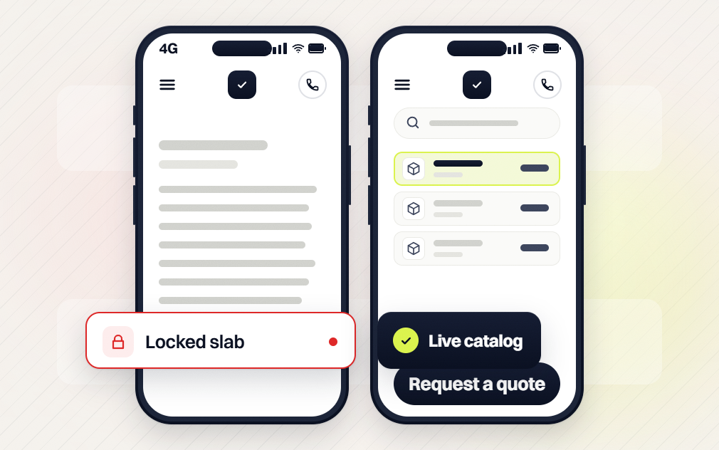 Manufacturing website design text-only phone flagged Locked slab beside a phone Live catalog with Request a quote