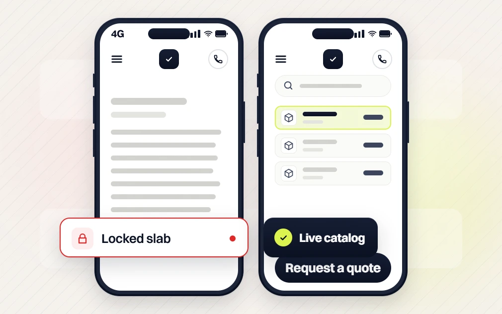Manufacturing website design text-only phone flagged Locked slab beside a phone Live catalog with Request a quote