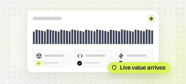 Manufacturing website design status card with uptime bars, product, code and speed checks, Live value arrives