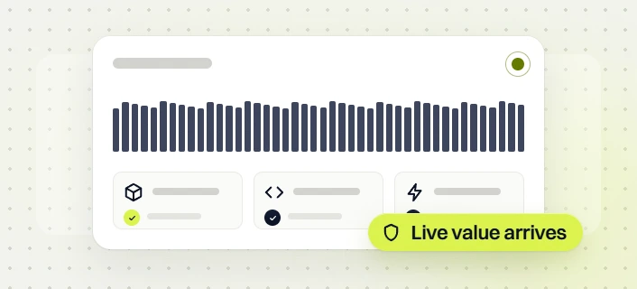 Manufacturing website design status card with uptime bars, product, code and speed checks, Live value arrives