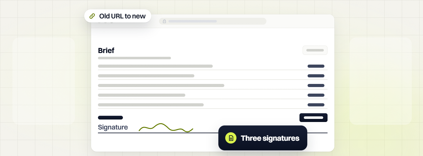 Manufacturing website design Brief with a signature line, an Old URL to new tag and a Three signatures badge