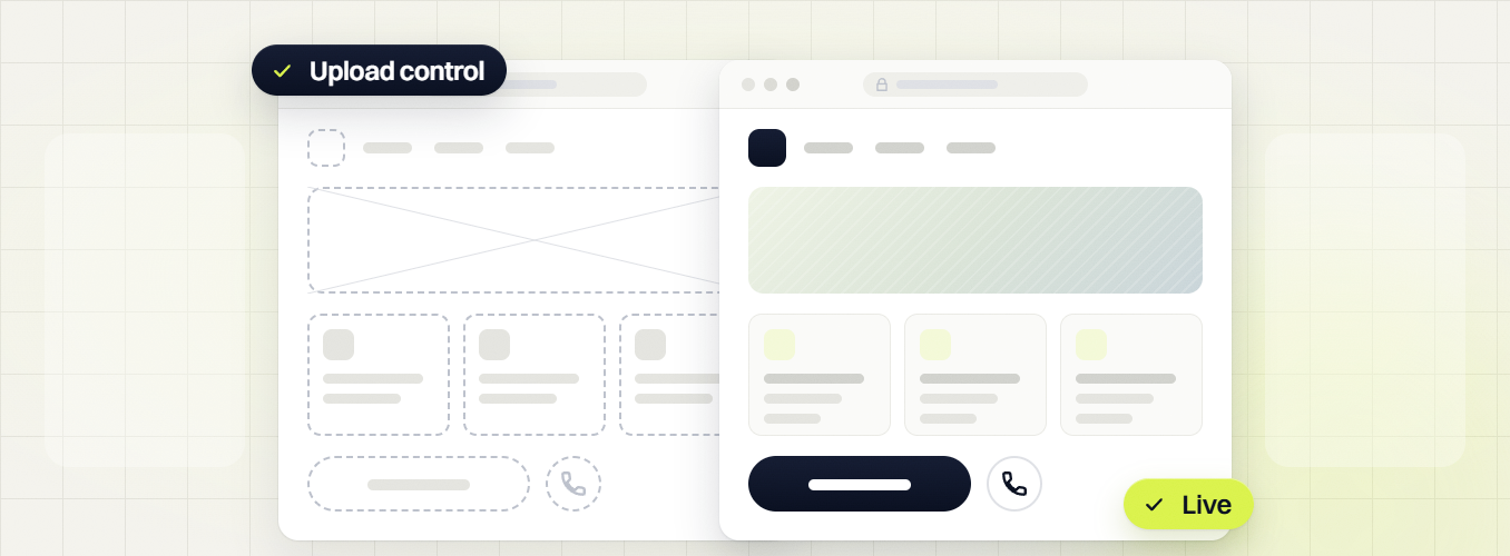 Manufacturing website design wireframe tagged Upload control beside the finished page layout marked Live