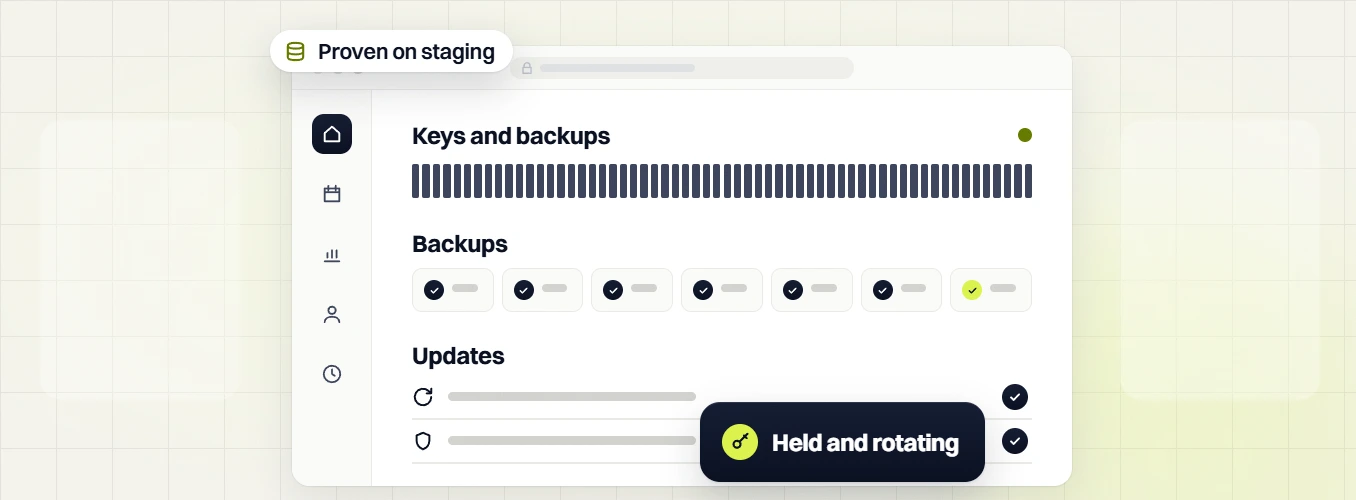 Manufacturing website maintenance Keys and backups dashboard with Proven on staging and Held and rotating badges