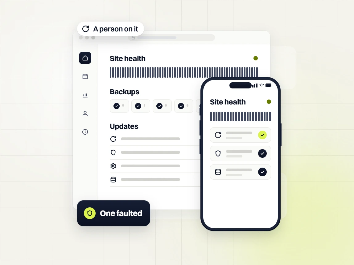 Manufacturing website maintenance Site health dashboard with backups and updates beside a phone, One faulted