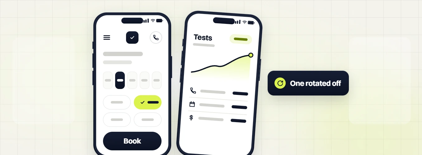 Med spa marketing retainer booking screen and tests chart on phones, labeled one rotated off