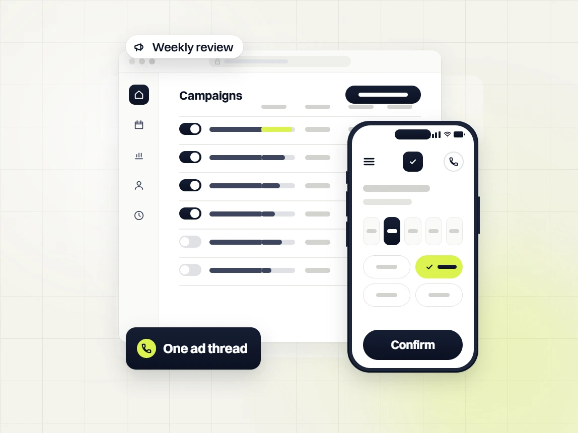 Med spa PPC services campaigns table in a weekly review with a phone booking screen, one ad thread