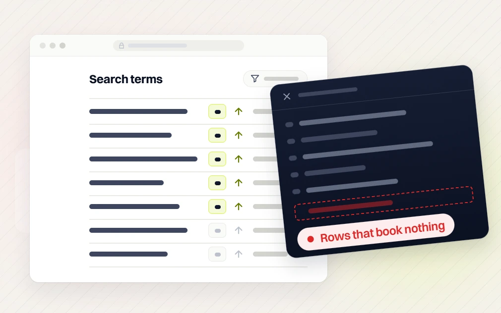 Med spa PPC services search terms table with a dark panel flagging rows that book nothing