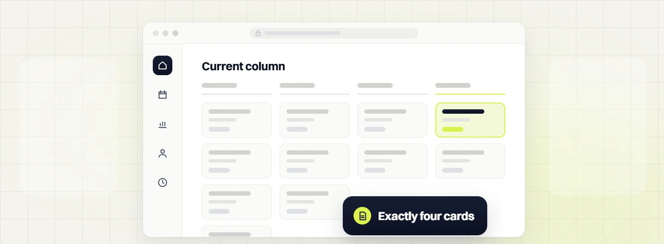 Med spa SEO services current column board with a highlighted card, labeled exactly four cards