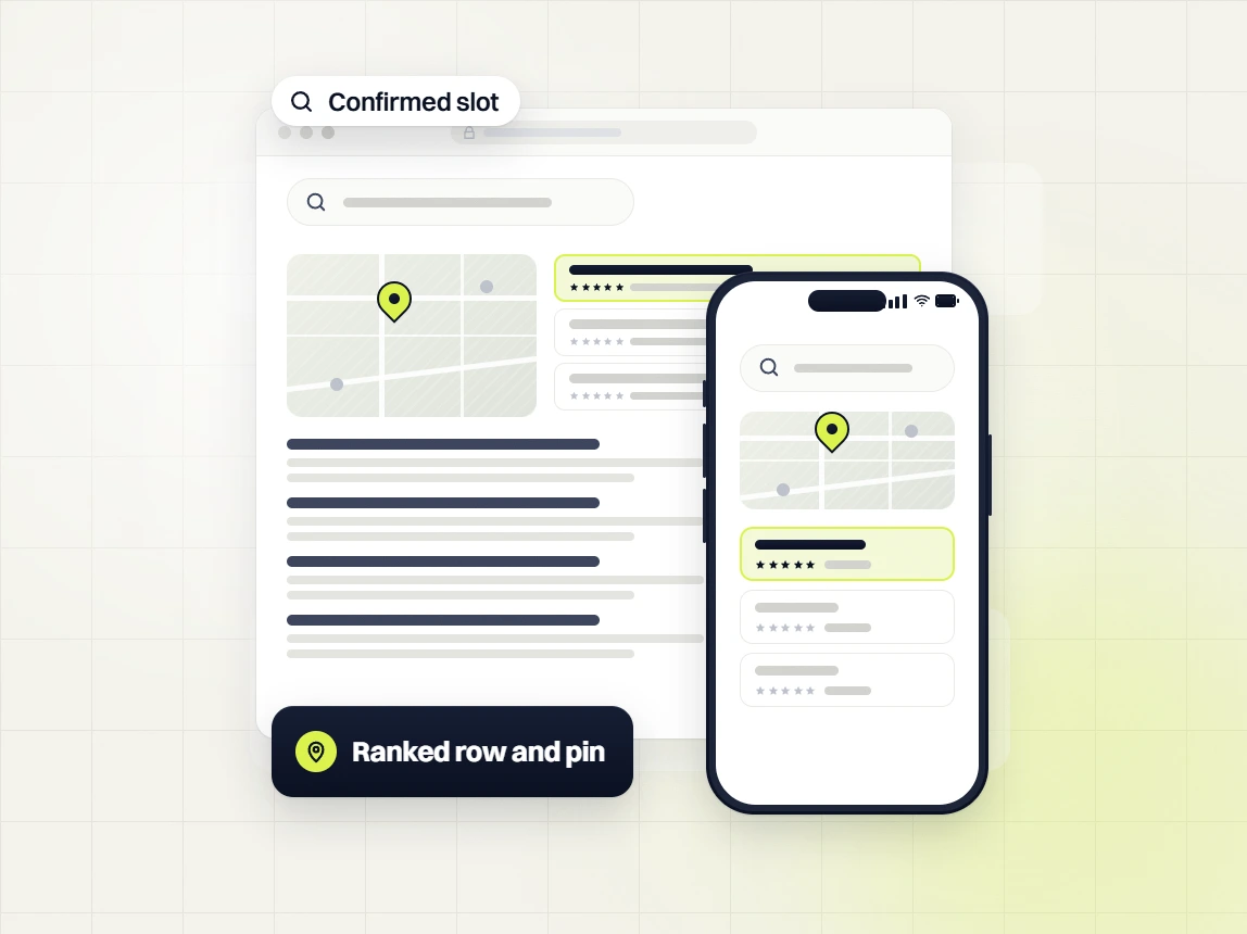 Med spa SEO services map results on desktop and phone with the ranked row and pin, confirmed slot