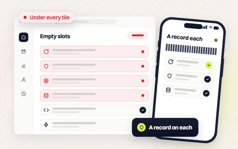 Med spa web design empty slots list under every tile beside a phone screen with a record on each