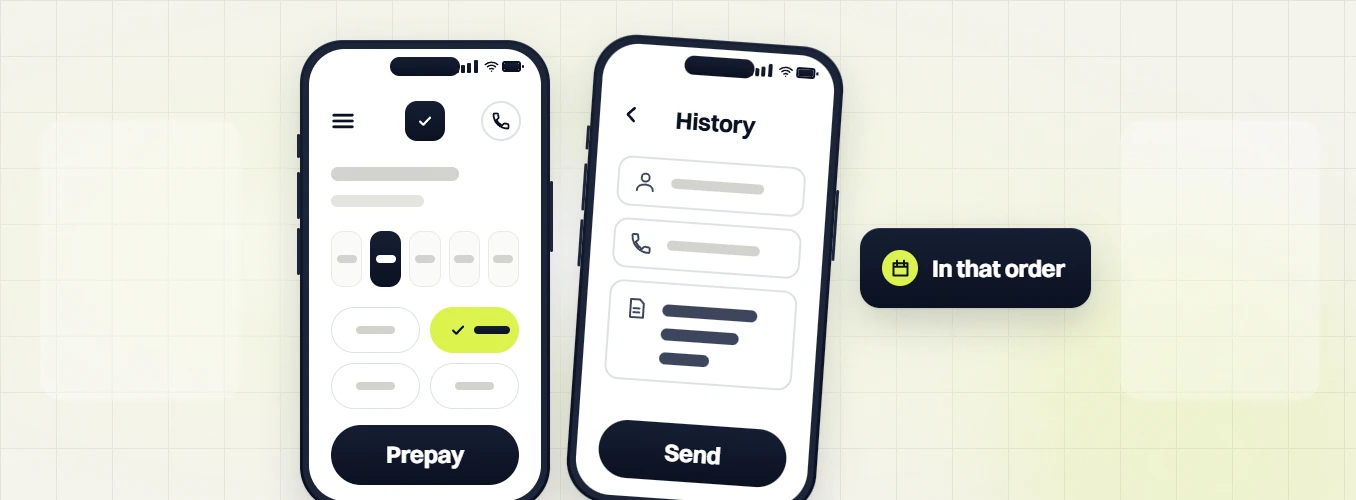Med spa web design phones with a Prepay booking screen then a History form, in that order