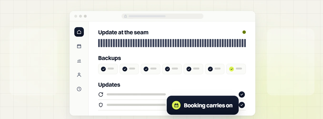 Med spa web design update at the seam dashboard with backups and updates, booking carries on