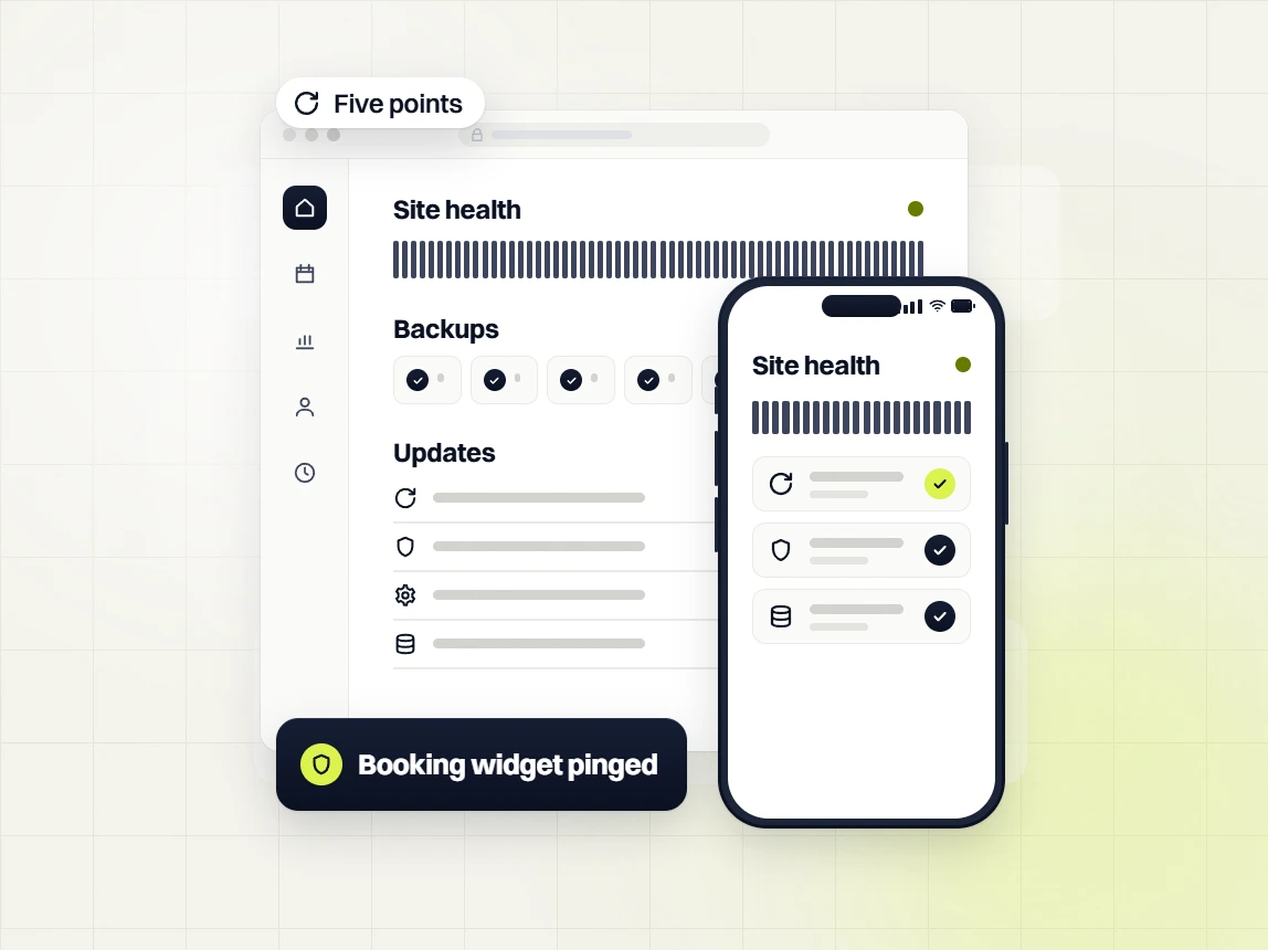 Med spa website maintenance site health dashboard from five points with a phone, booking widget pinged
