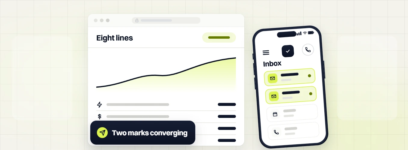 Med spa website maintenance eight lines chart beside a phone inbox, labeled two marks converging