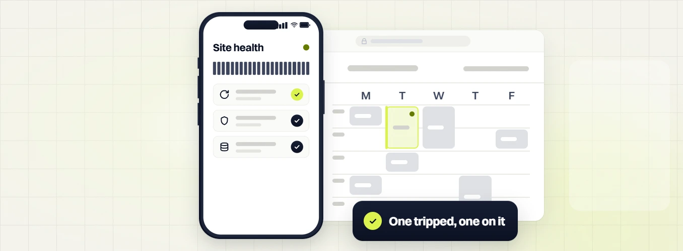 Med spa website maintenance site health on a phone and a weekly calendar, one tripped, one on it