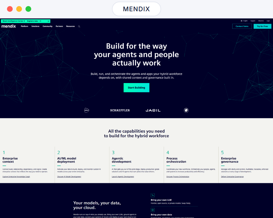 Mendix website homepage in a browser window, an enterprise platform hero above its hybrid workforce capabilities