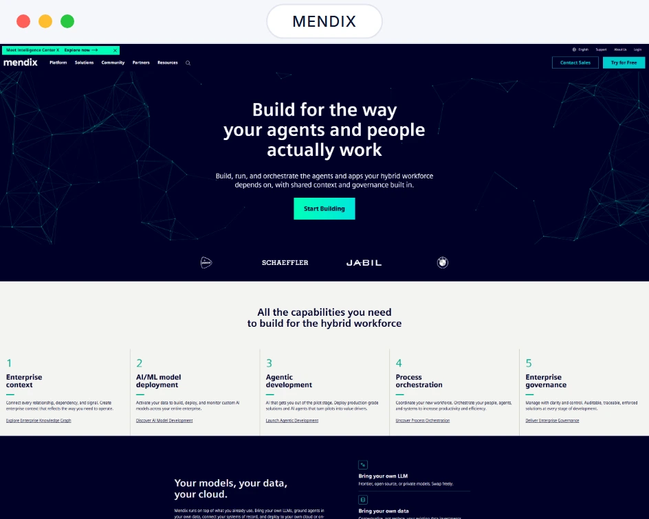 Mendix website homepage in a browser window, an enterprise platform hero above its hybrid workforce capabilities