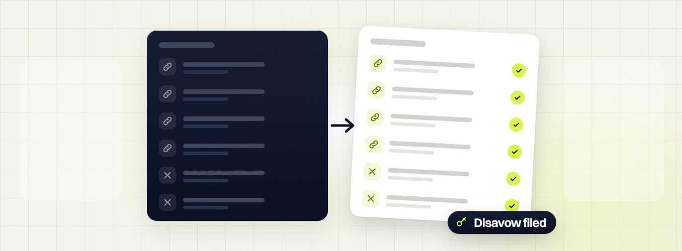 Monthly SEO package link and removal list turning into six checked rows with a Disavow filed badge