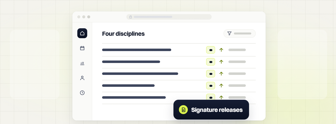 Monthly SEO package Four disciplines dashboard with upward arrows and a Signature releases badge