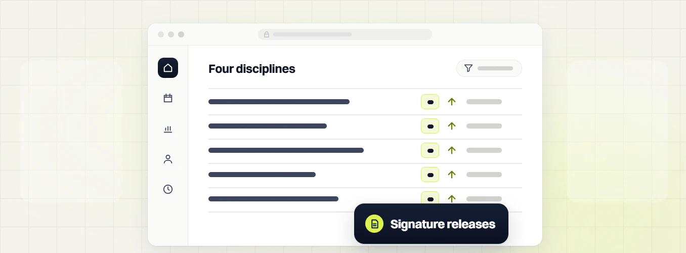 Monthly SEO package Four disciplines dashboard with upward arrows and a Signature releases badge
