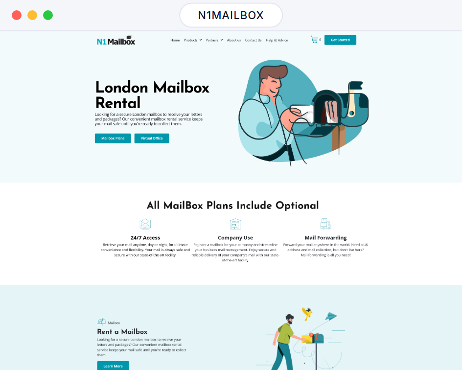 N1Mailbox website homepage in a browser window, London mailbox rental plans with access and mail forwarding options