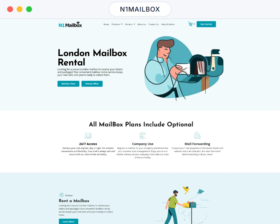 N1Mailbox website homepage in a browser window, London mailbox rental plans with access and mail forwarding options