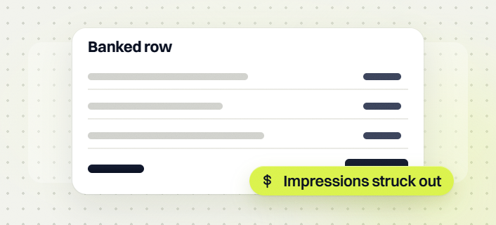 National SEO packages banked row report card with three line items, labeled impressions struck out