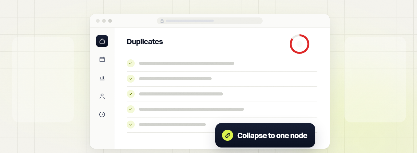 National SEO packages duplicates checklist with a partial red ring, labeled collapse to one node