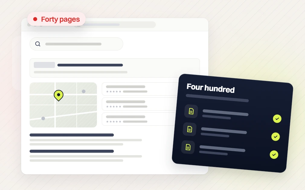 National SEO packages search results flagged forty pages beside a checked card of four hundred