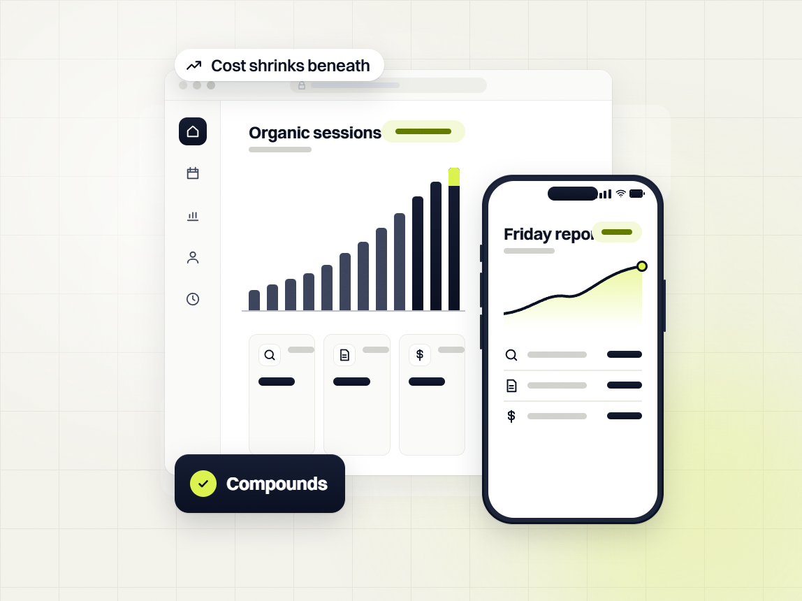 National SEO packages organic sessions chart that compounds, with a Friday report on a phone