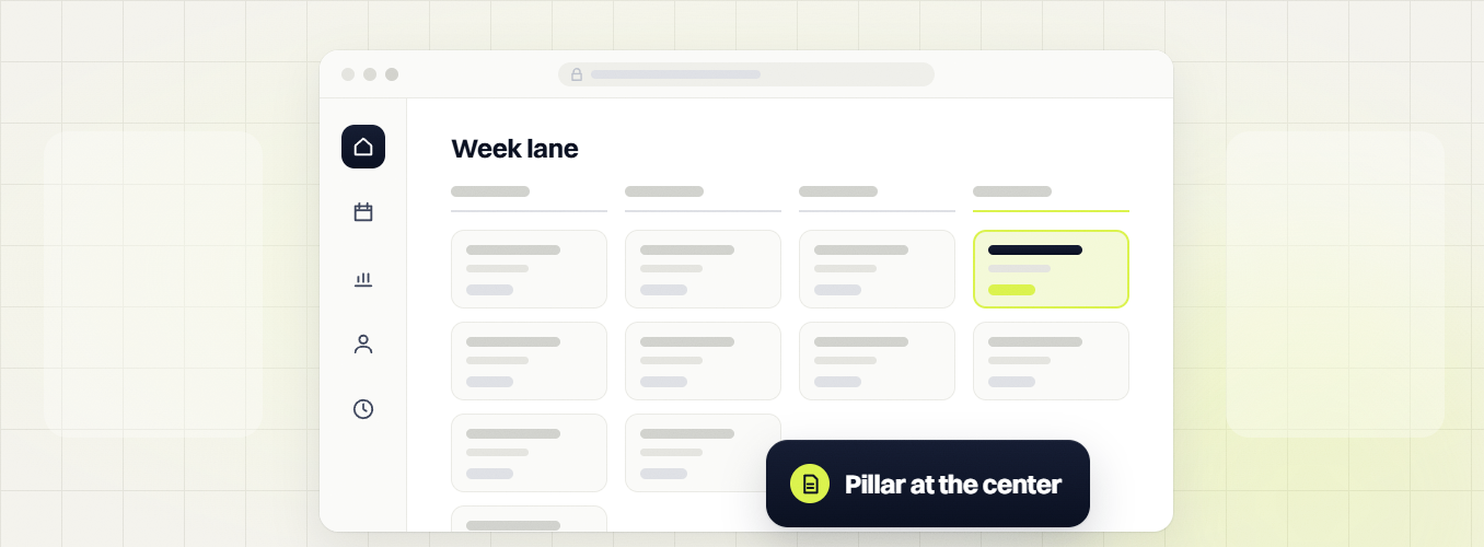 National SEO packages week lane board with a highlighted card, labeled pillar at the center
