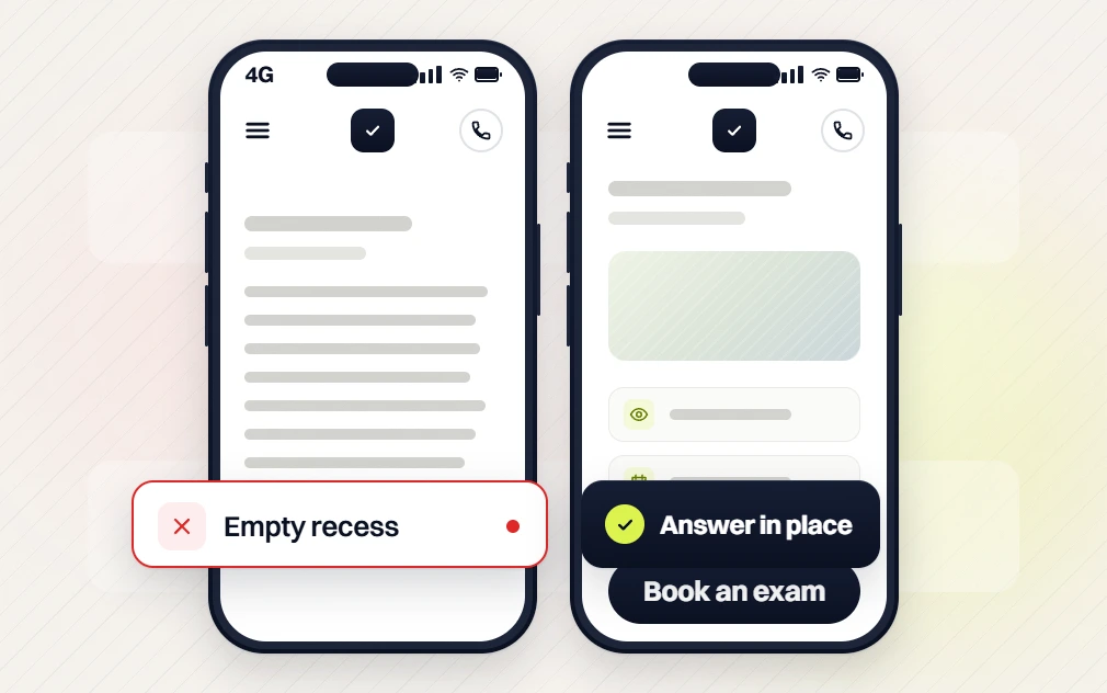 Optometrist marketing agency phones comparing an empty recess with an answer in place and Book an exam