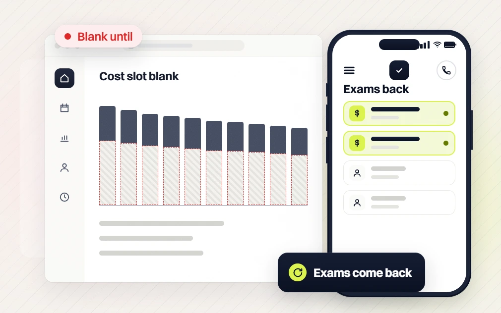 Optometrist marketing agency cost slot blank chart beside a phone list where exams come back